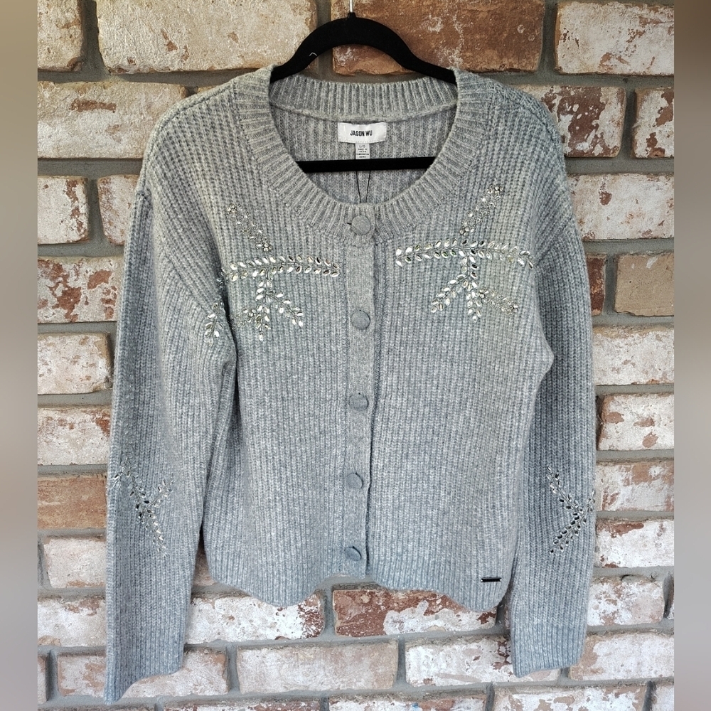 Jason Wu NWT Heather Gray Ribbed Knit Crystal Embellished Cardigan Sweater L